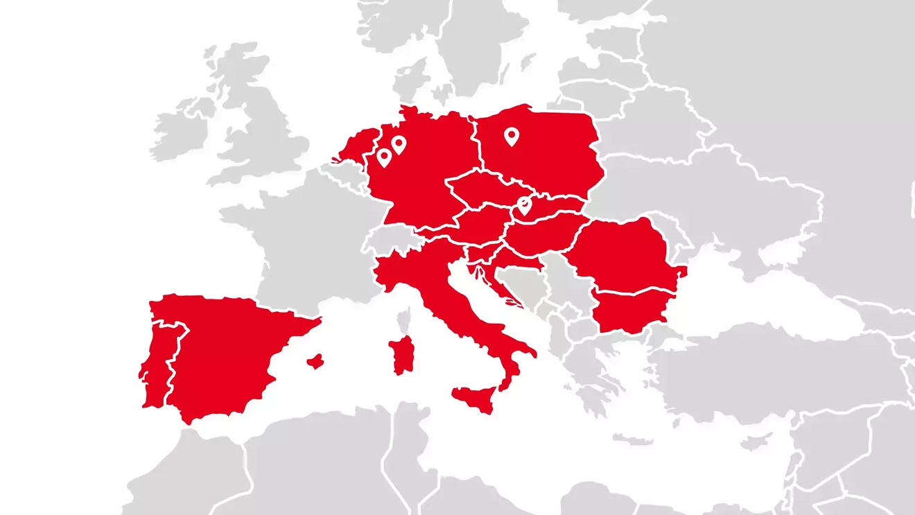 Mappa dell'Europa che mostra la presenza di KiK nei diversi Paesi e la posizione strategica dei centri logistici in Germania, Polonia e Slovacchia