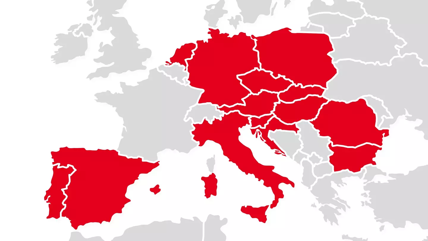 Mappa dell’Europa con evidenziati i 14 Paesi in cui KiK è presente con oltre 4.200 punti vendita