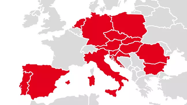 Mappa dell’Europa con evidenziati tutti i Paesi in cui KiK è presente con i propri punti vendita, a rappresentare l’espansione internazionale dell’azienda